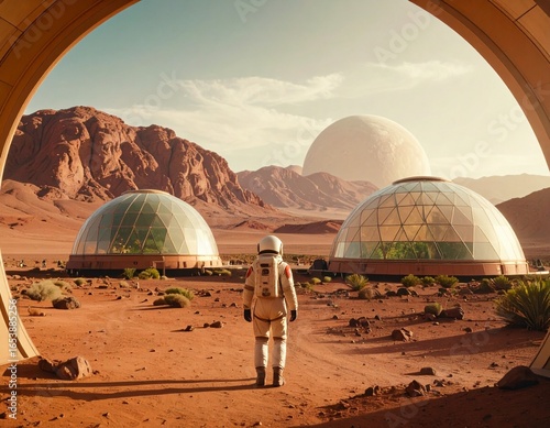 Astronaut walking near futuristic habitat domes on red Martian surface.