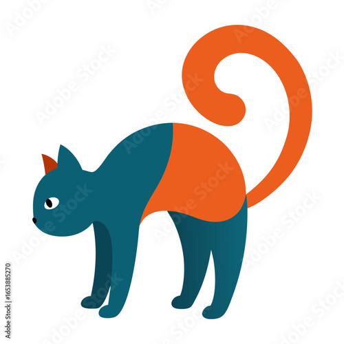 A black cat arching its back in a stretching pose isolated on white background