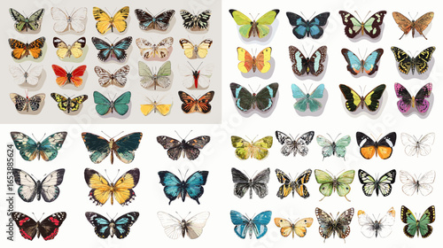 Exotic and colorful butterfly collection featuring diverse species with natural patterns and wings. Ideal for educational materials, decorative art, and botanical nature compositions.
