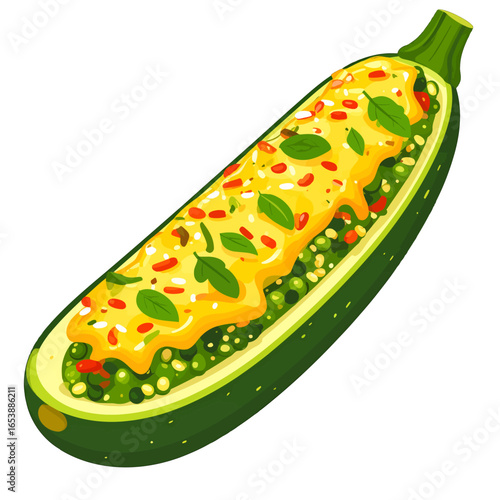 Stuffed Zucchini with Yellow Sauce and Green Basil Pixel Art Illustration Featuring Green Vegetables in a White Background