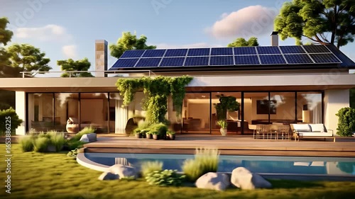 Modern home with solar panels and pool