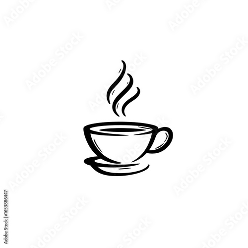 Logo design featuring a coffee cup with steam rising out of it, in a simple line art style, as a vector graphic on. The design uses black lines in a minimalistic style.