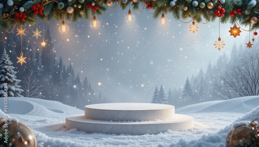 Fototapeta premium Snowy circular platform in a winter scene with Christmas trees and soft bokeh lights.