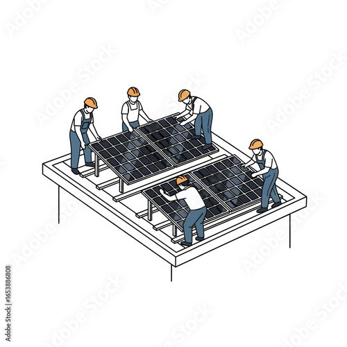 Illustration of Six People Installing Black Solar Panels on Platform Wearing Overalls and Yellow Hard Hats in Line Art Style