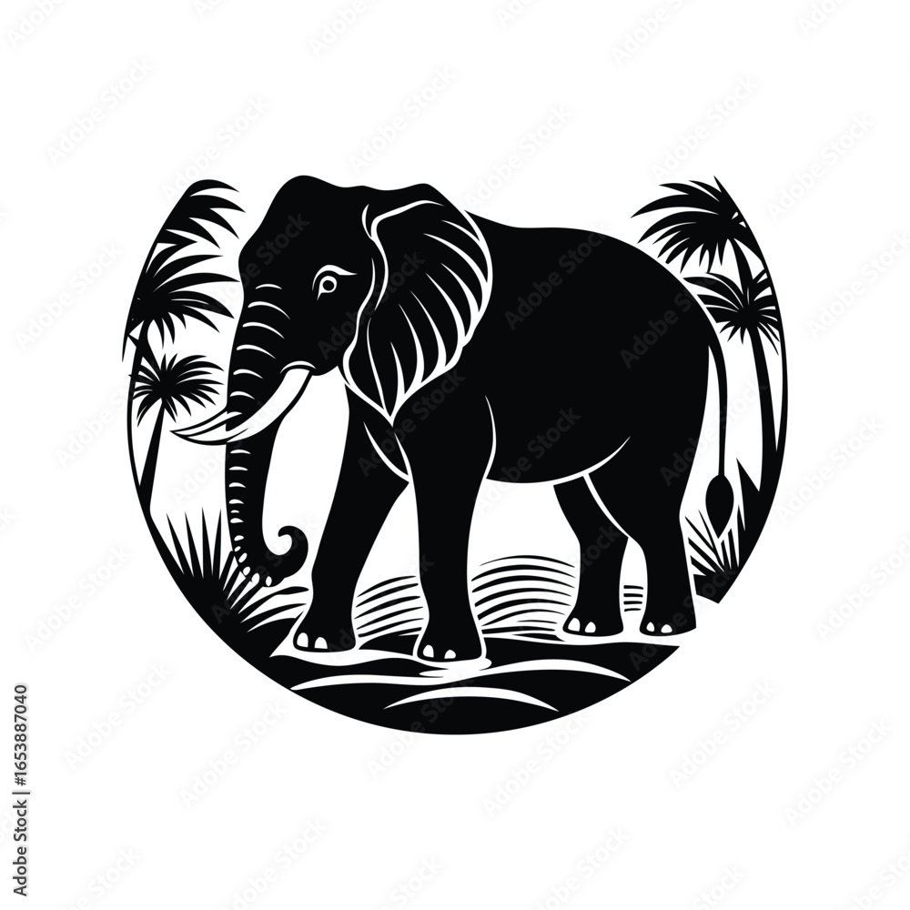 Fototapeta premium Elephant and vector illustrations with silhouettes for wildlife and nature design