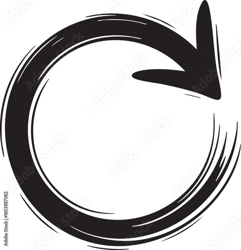 A circular arrow pointing right created with brush strokes in black on a white background art