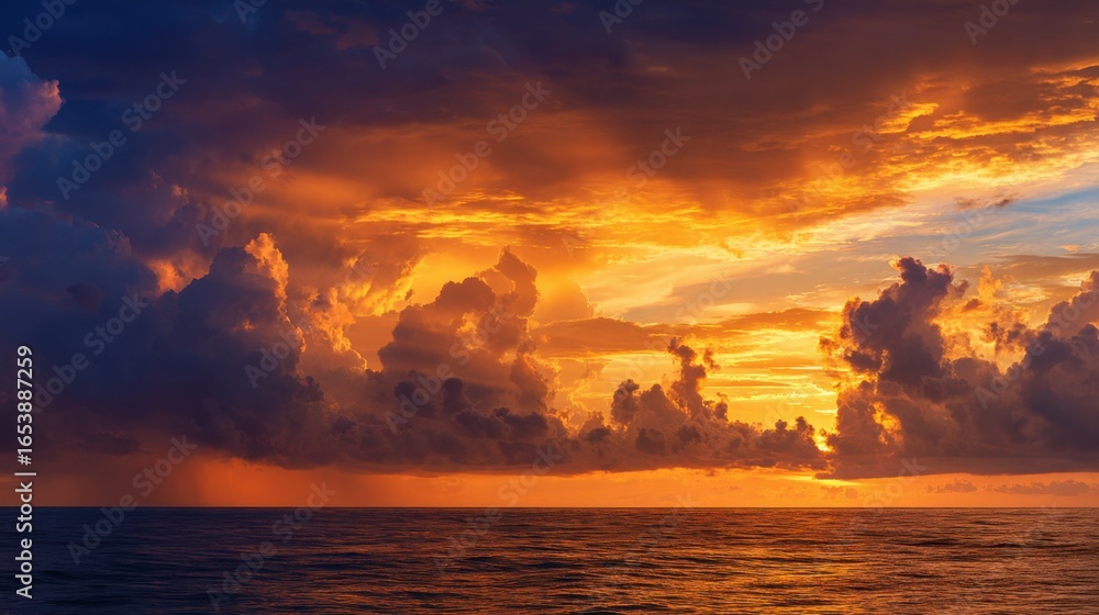 Naklejka premium The sky is filled with clouds and the sun is setting. The clouds are orange and pink, creating a beautiful and serene atmosphere. The ocean is calm and peaceful, with the sun reflecting off the water