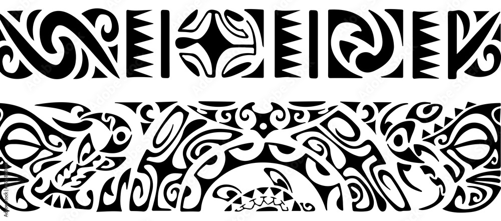 Fototapeta premium Collection of tribal tattoo patterns and decorative borders with intricate swirling designs and abstract motifs, isolated on a transparent background, perfect for ethnic and cultural design applicatio
