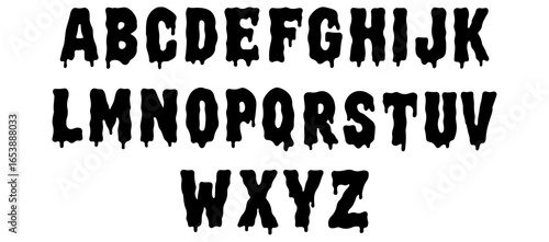 Black alphabet letters with a dripping effect, isolated on a transparent background, representing a unique and creative font style for design and typography