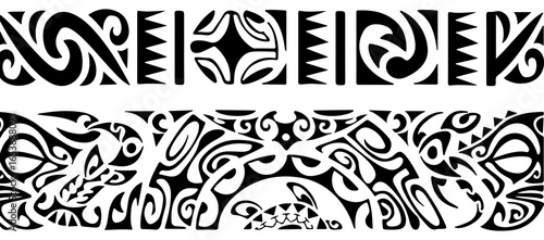 Collection of tribal tattoo patterns and decorative borders with intricate swirling designs and abstract motifs, isolated on a transparent background, perfect for ethnic and cultural design applicatio
