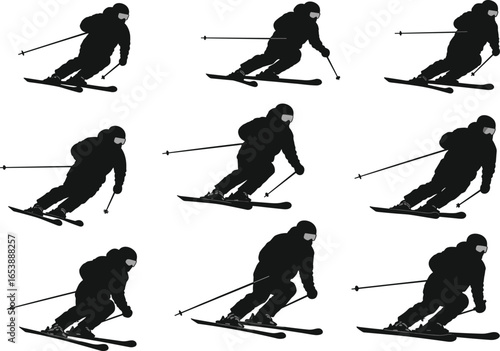 Silhouette collection of skiers in action on snowy slopes, winter sport movement, downhill skiing poses, extreme outdoor activity, vector illustration, isolated ski design set