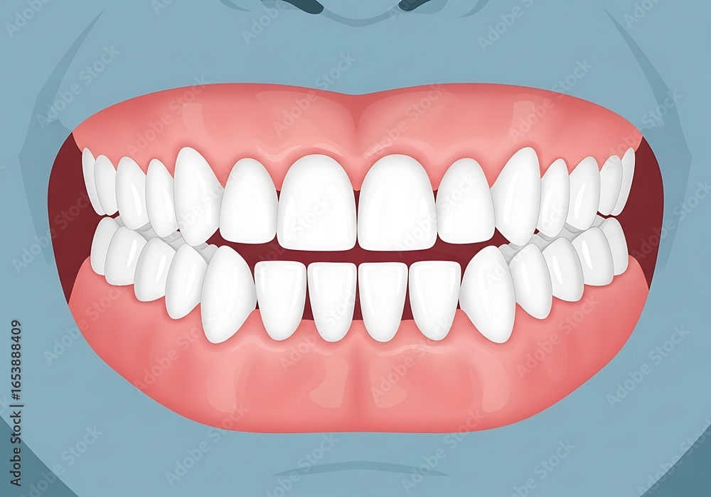 Naklejka premium 3d illustration of close up of a set of healthy white teeth in an open mouth showing good dental hygiene and oral health