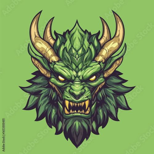 Fierce Green Horned Dragon Head Illustration | Fantasy Beast Mascot Vector