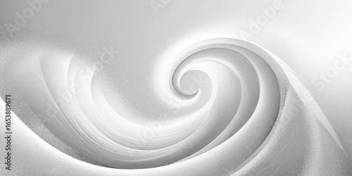 Abstract design with smooth, flowing white waves and a subtle scattering of small white dots on a light gray background.
