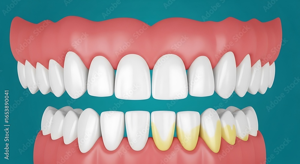 Obraz premium Illustration of a set of teeth showing a build up of plaque and tartar leading to unhealthy gums