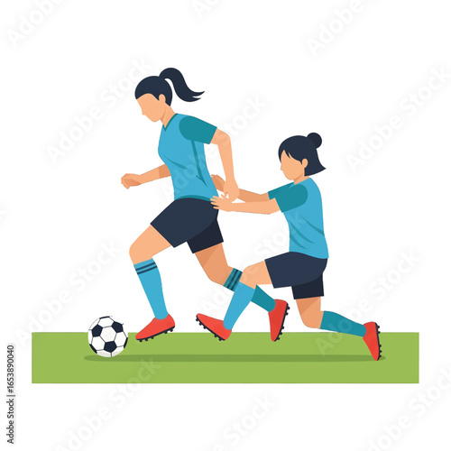 Two Female Soccer Players in Blue Uniforms Playing on Green Turf Field Dynamic Action Illustration