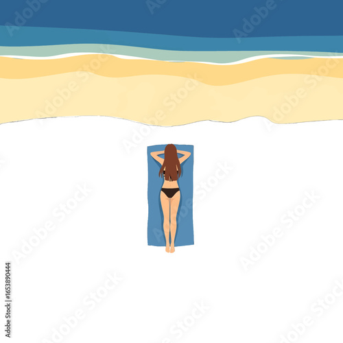 Pixel Art Woman in Black Bikini Sunbathing on Beach Towel by the Ocean with Golden Sand and Blue Water View From Above