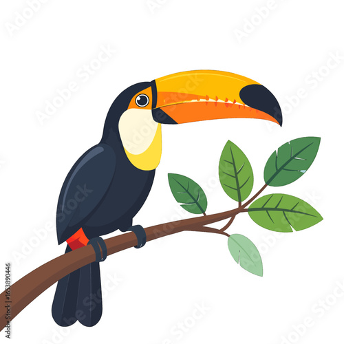 Vibrant Toucan Perched on a Leafy Branch with a White Background Showcasing its Colorful Plumage and Distinctive Beak in Detailed Illustration