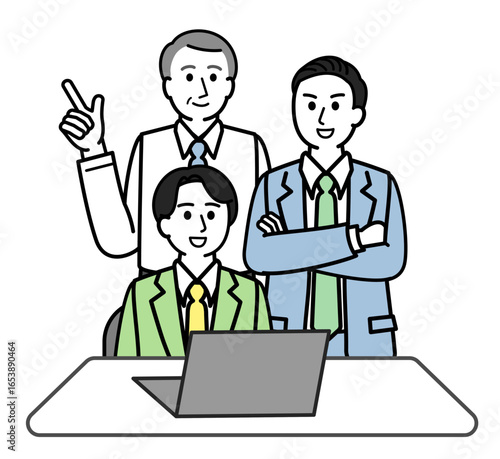 Businessmen looking at a computer and discussing.　パソコンをみて話し合うビジネスマンたち　会議　ミーティング