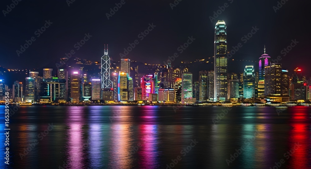 Fototapeta premium Photo of hong kong skyline at night, illuminated by vibrant city lights reflecting on the water