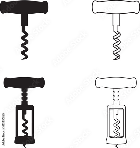 Corkscrew Vector Illustration Set Wine Opener Collection Silhouette And Line Art
