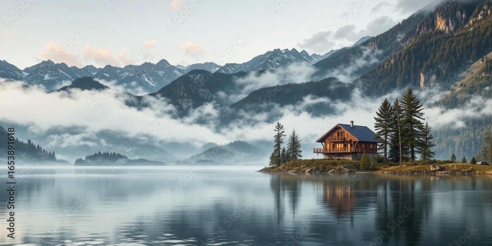 Fototapeta premium Tranquil Lakeside Retreat in Misty Mountains
