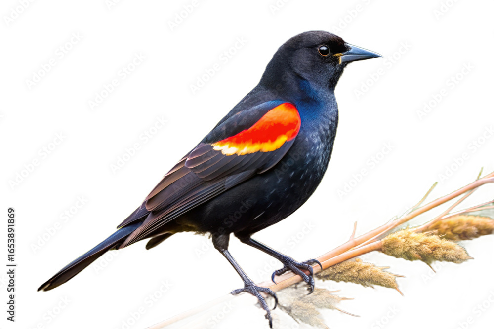 Fototapeta premium Male red winged blackbird perched on a branch against a dark background