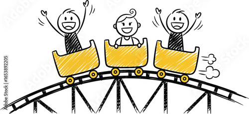 Roller coaster ride with stick figures having fun adventure