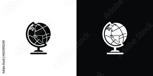 Diptych of a stylized globe icon in black and white