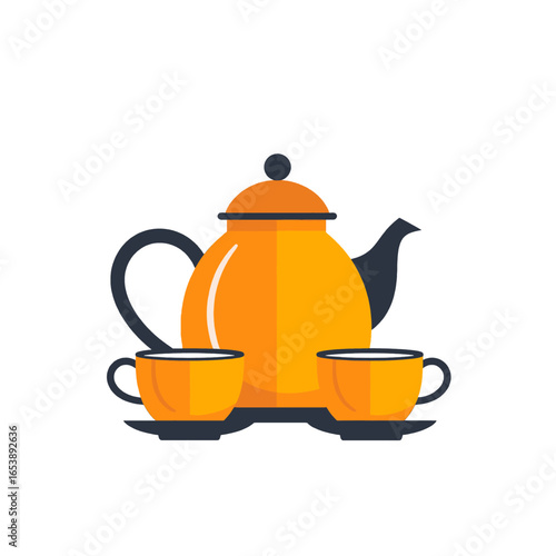 Tea Time with Orange Teapot and Cups on White Background Pixel Art