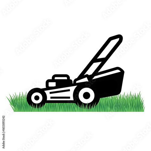Illustration of a Black Lawnmower on Green Grass in White Background Gardening Equipment