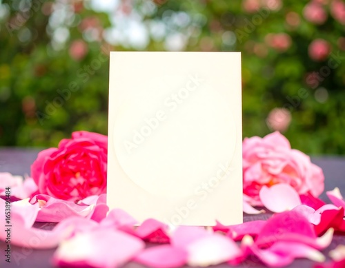 Blank card surrounded by roses