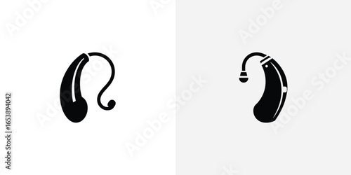 Two black silhouette icons of behind the ear hearing aids