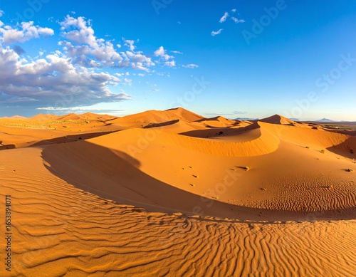 Endless golden sand dunes glowing brightly under dramatic sunlight.