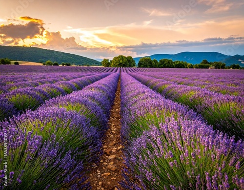 Beautiful lavender fields glowing purple under golden evening sunlight.
