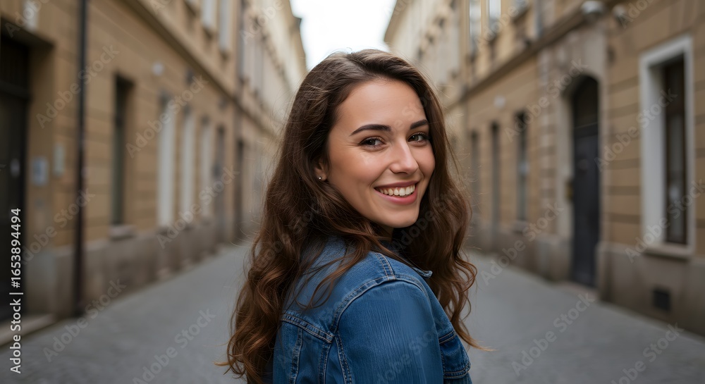 Fototapeta premium Young woman smiling in a denim jacket on a cobblestone street in an old european town