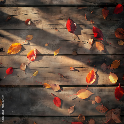 Autumn leaves scattered on wooden planks in sunlight