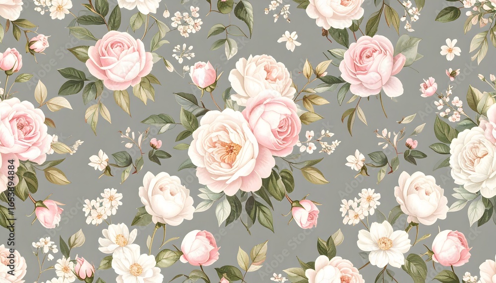 Fototapeta Watercolor floral pattern with pink roses, white blossoms, and green leaves on a gray background
