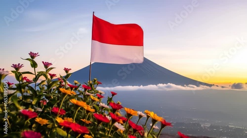 Sunrise Over Majestic Mountain with Indonesian Flag and Colorful Flowers in Vibrant Landscape