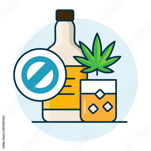 Alcohol Bottle, Glass, and Cannabis Leaf with Ban Symbol