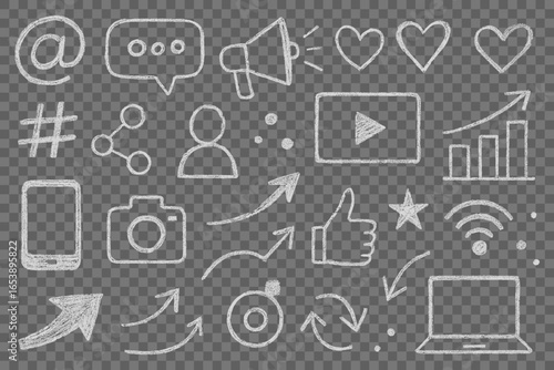 Creative social media chalk icons marketing concept network communication symbols modern connection elements hand drawn style for business blog post promotion design vector art