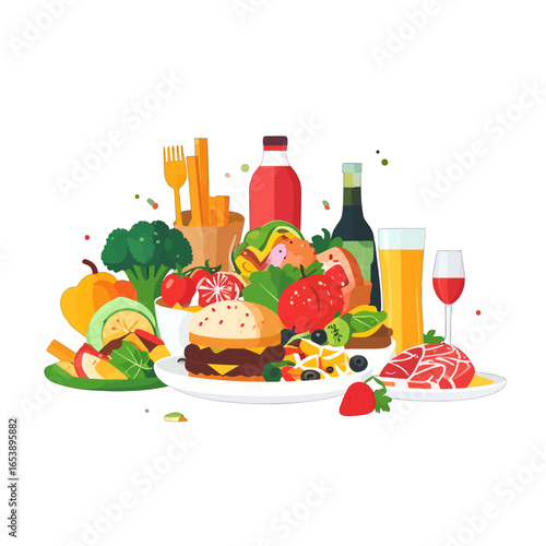 Vibrant Food Arrangement with Burgers Steak Vegetables and Fruits on White Background