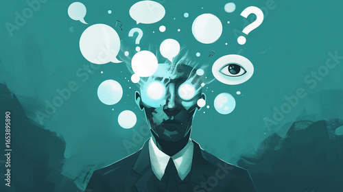 An illustration of a faceless businessman with his head replaced by various speech bubbles, an eye symbol, and a question mark, artificial intelligence in daily life concept