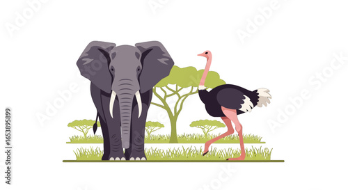 Pixelated Illustration of Elephant and Ostrich in African Savanna Landscape with Lush Greenery and Trees on Clear White Background