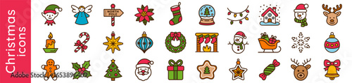 Colorful Christmas icons, vector set including Santa, elf, wreath, gifts, candy, snowman, reindeer and decorations