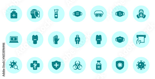 A set of solid teal icons for personal protective equipment and medical safety, including face masks, gloves, hand sanitizer, and other health-related symbols.