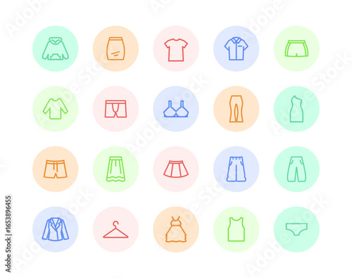 A vibrant collection of line art icons depicting various men's and women's clothing and underwear, perfect for a fashion or e-commerce application.