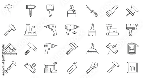 A comprehensive collection of various hand and power tools, including hammers, drills, and saws, depicted as minimalist line art icons.