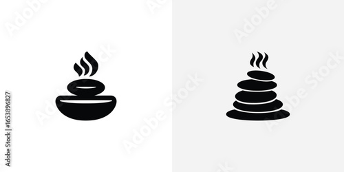 Two minimalist icons representing spa and wellness with hot stones and steam