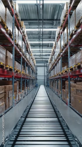 Automated conveyor belt moving packages in distribution warehouse footage showing logistics